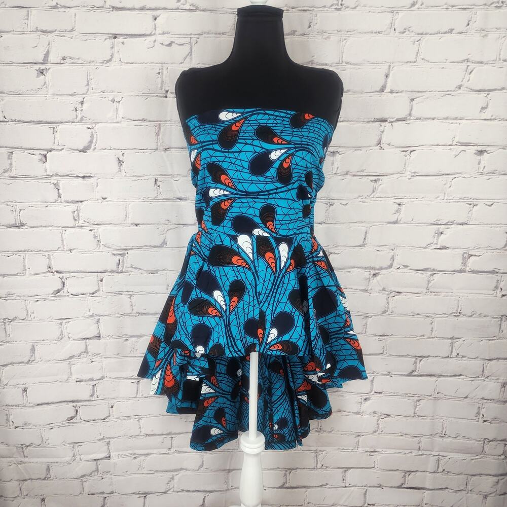 ANKARA Pattern Top/Mini Dress Women M High/low Strapless African print Handmade